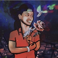 a drawing of a man holding a rose