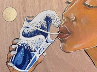 a painting of a woman drinking a glass of water