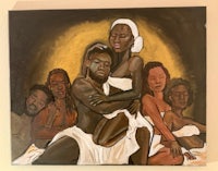 a painting of a group of people laying on a bed