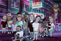 a group of people standing in front of a neon sign