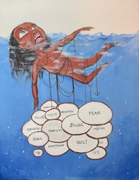 a painting of a woman floating in the water