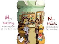 a cartoon of a girl and a boy in a classroom