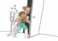 a drawing of a woman with a broken leg and a crutch