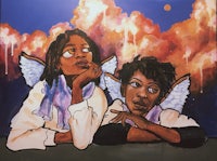 a painting of two women with wings in the sky