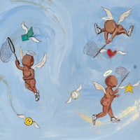 a painting of angels flying in the sky