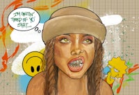 a cartoon of a woman with a hat and a smiley face